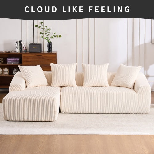 White Corduroy Compression Sofa 3-Seater with Chaise & Pillows