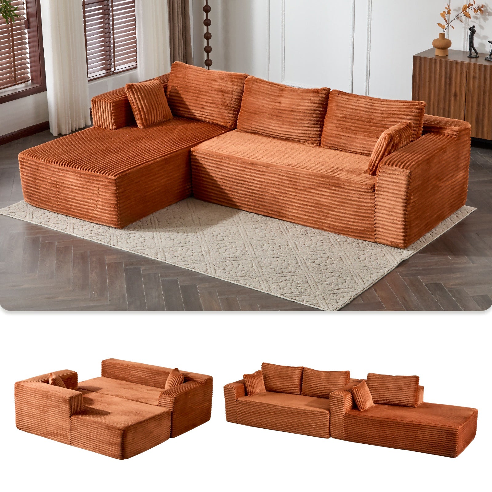 Brown Corduroy Modular Sectional – Deep Seat L-Shaped Sleeper with Chaise