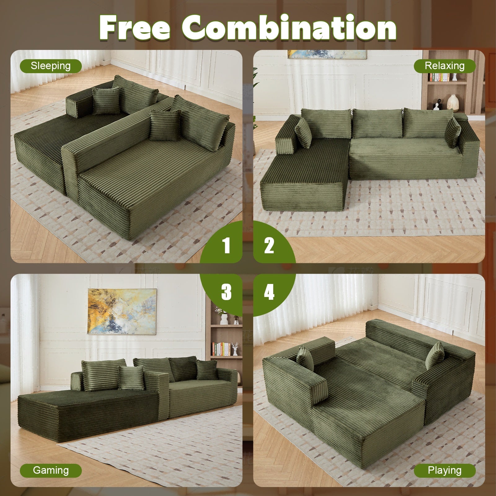 Corduroy L-Shaped Convertible Sofa Bed – Foldable Floor Sleeper for Small Spaces