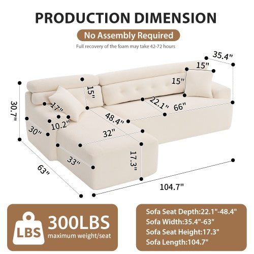 White Wood-Grain Chenille Sofa – Sectional with Chaise & Pillows