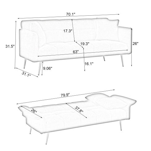 Futon Sofa Bed, Convertible Double Sofa Bed With Folding Armrests For Living Rooms And Small Spaces