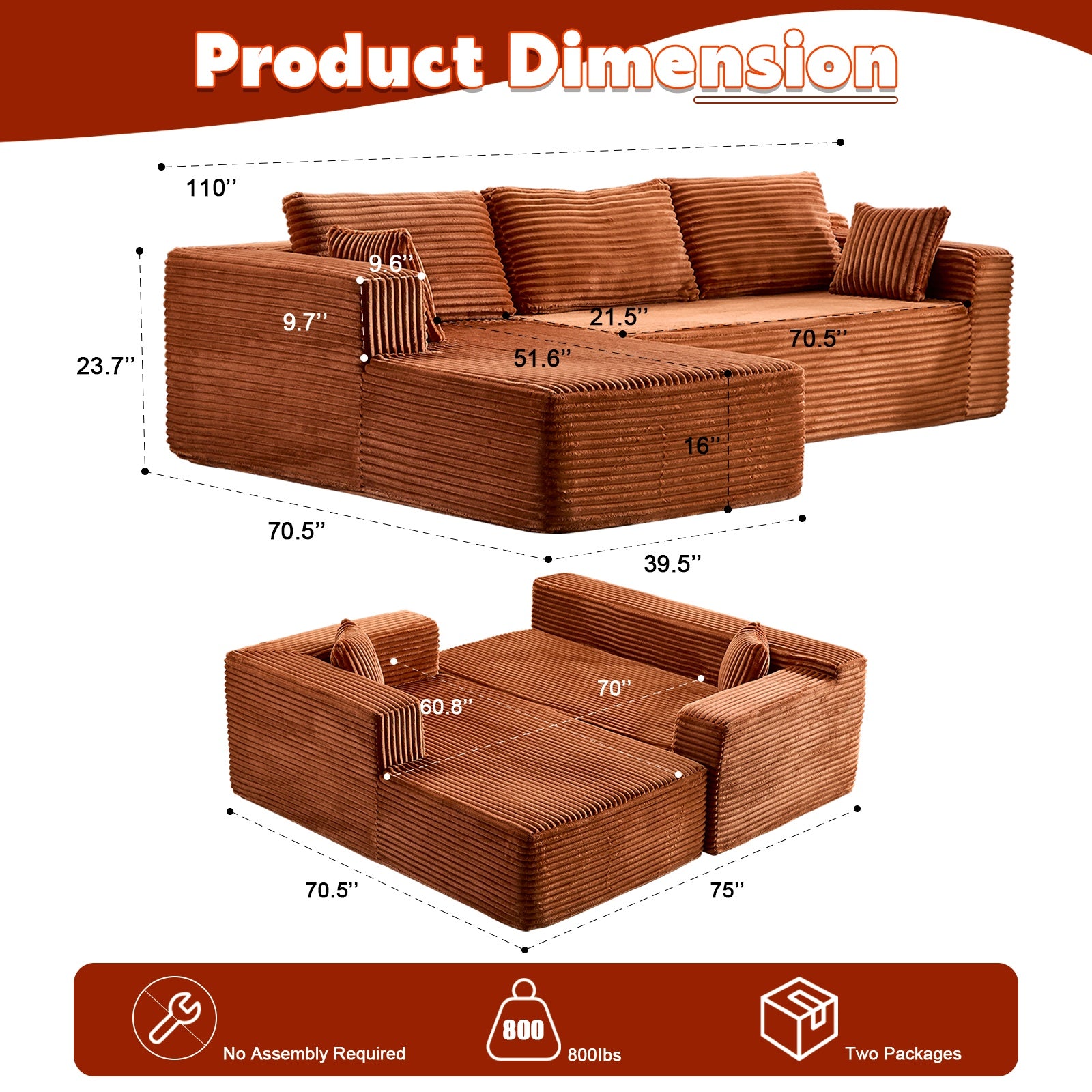 Brown Corduroy Modular Sectional – Deep Seat L-Shaped Sleeper with Chaise