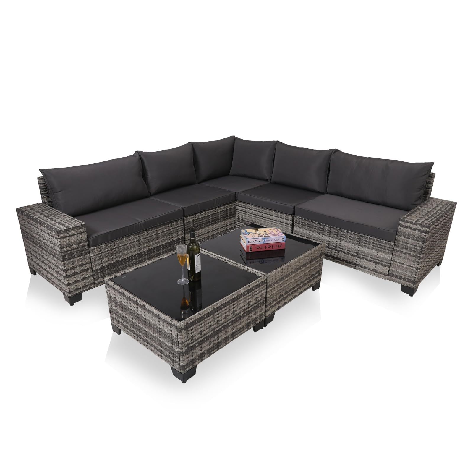 7-Piece Wicker Patio Sofa Set with 2 Glass Tables & Cushions
