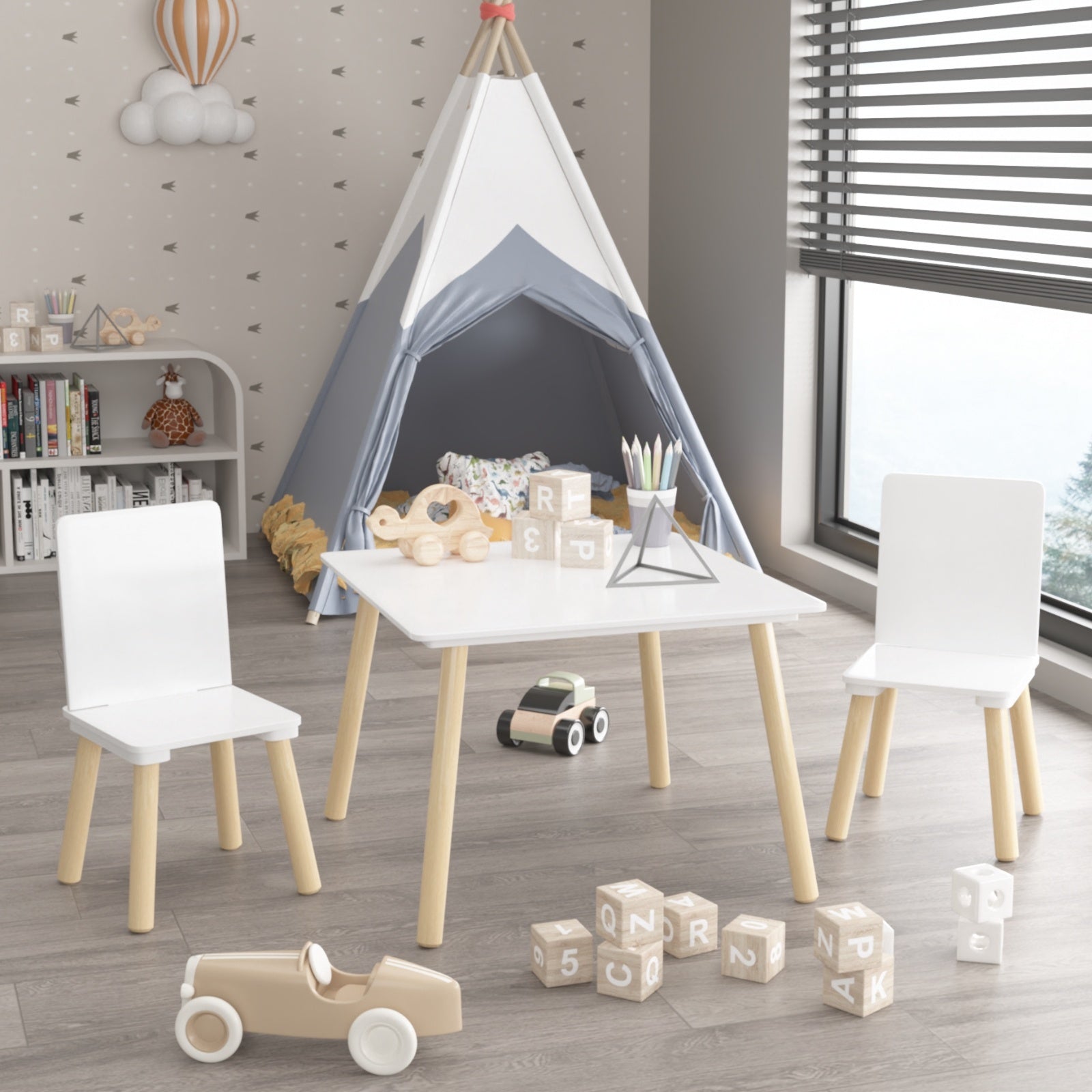 Kids Wooden Table & 2 Chairs Set – 3-Piece Toddler Activity Play Set