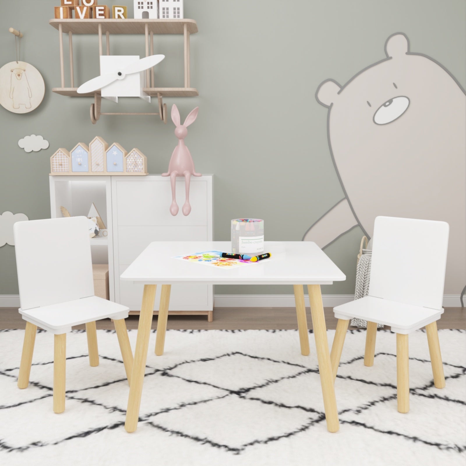 Kids Wooden Table & 2 Chairs Set – 3-Piece Toddler Activity Play Set