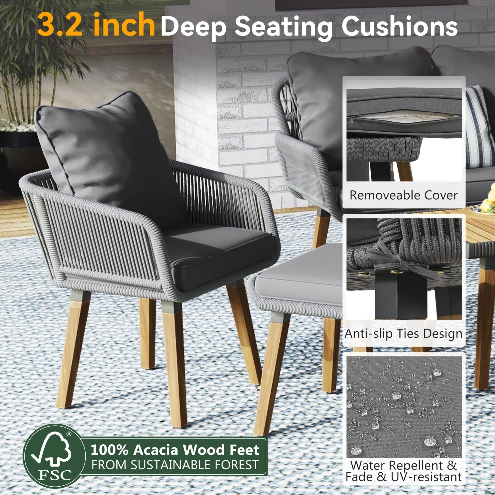 6-Pc Rope Patio Set w/ Acacia Wood Table
