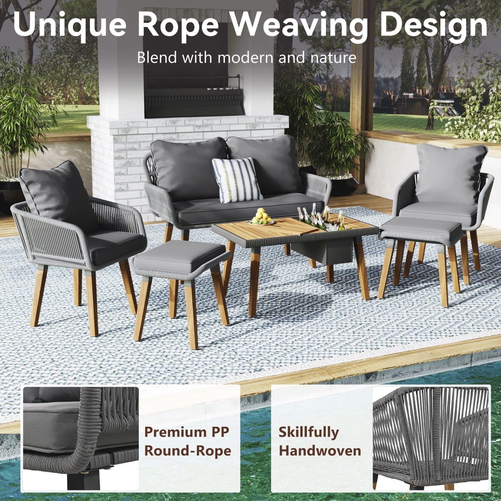 6-Pc Rope Patio Set w/ Acacia Wood Table