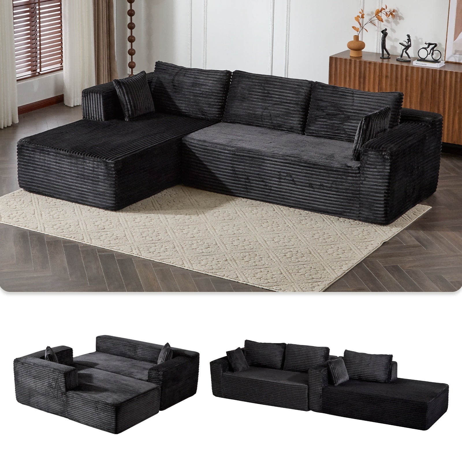 Black Corduroy Modular Sectional – Deep Seat L-Shaped Sleeper with Chaise