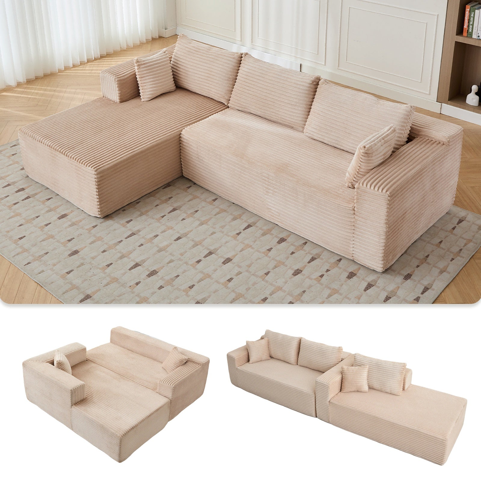 Corduroy L-Shaped Sleeper Sofa – Convertible Floor Futon with Back Pillows