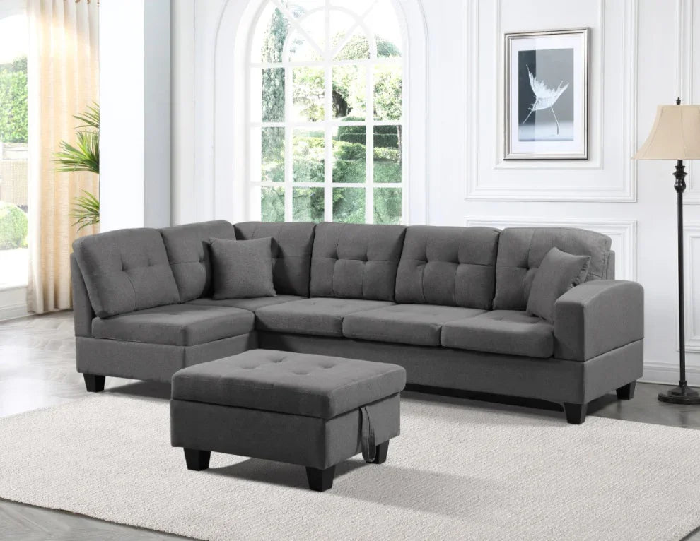 FAIF™ Left Fabric Sofa with Ottoman – Modern Grey Sofa with Cushioned Comfort and Versatile Design