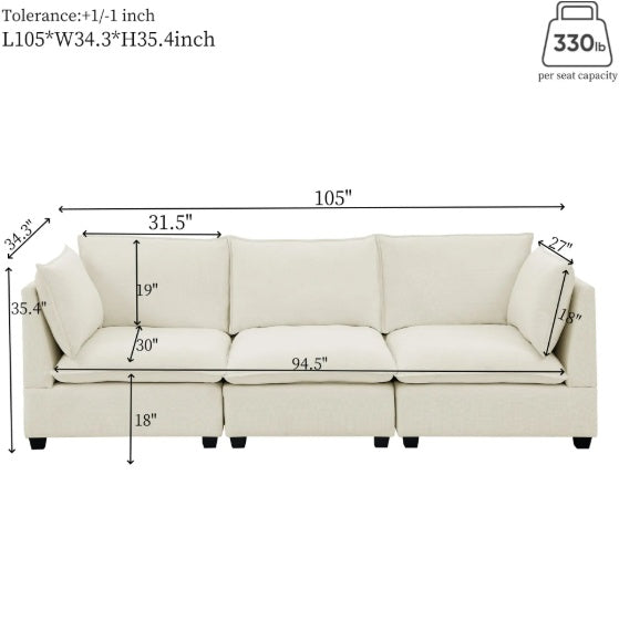 3-Piece Chenille Fabric Upholstered Living Room Furniture Set, Including 3-Seater Sofa