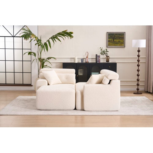 White Wood-Grain Chenille Sofa – Sectional with Chaise & Pillows
