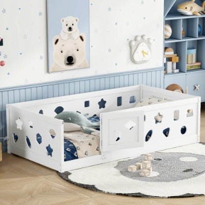 Toddler & Kids Floor Bed with Guardrails – Twin Size, White