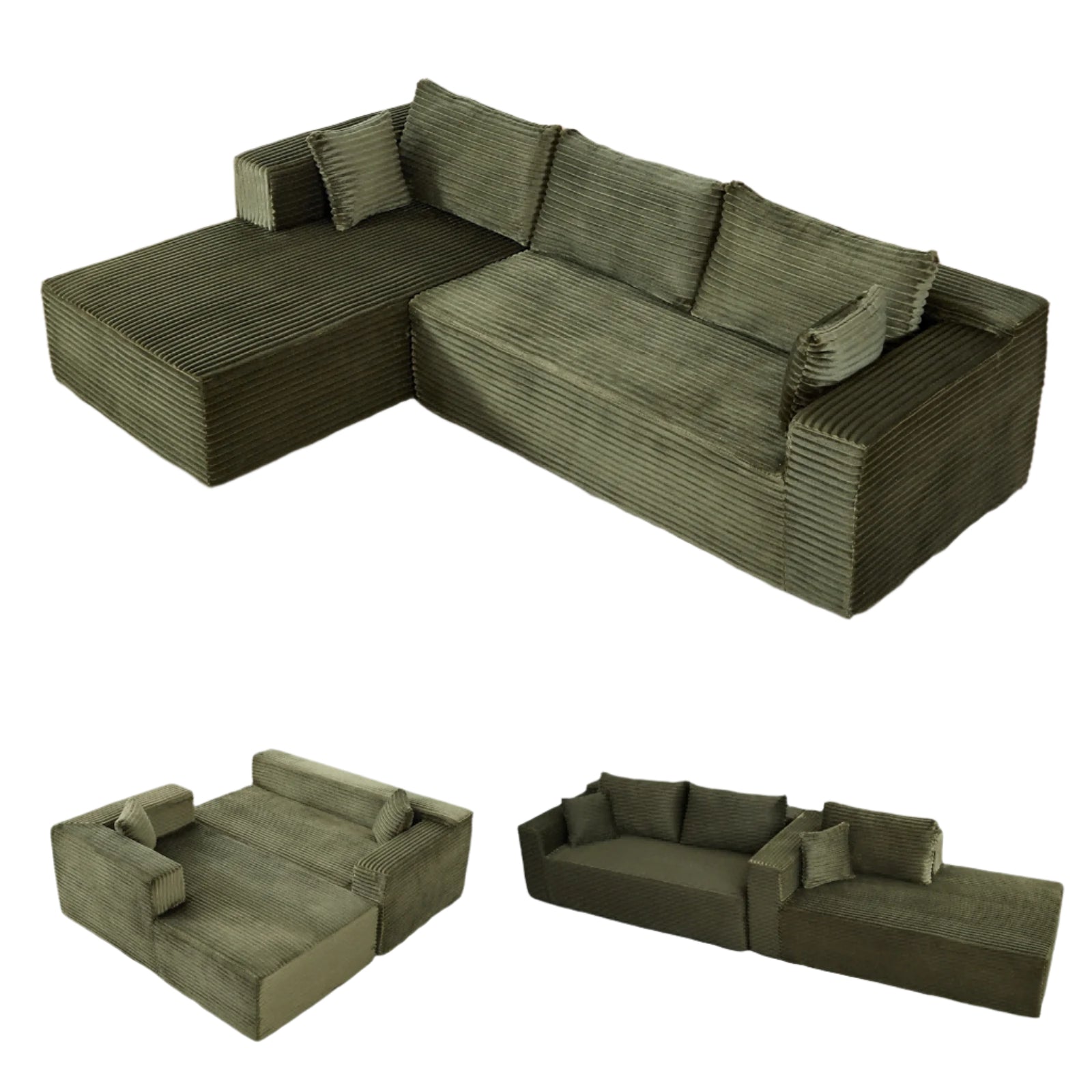 Corduroy L-Shaped Convertible Sofa Bed – Foldable Floor Sleeper for Small Spaces - FAIFCO