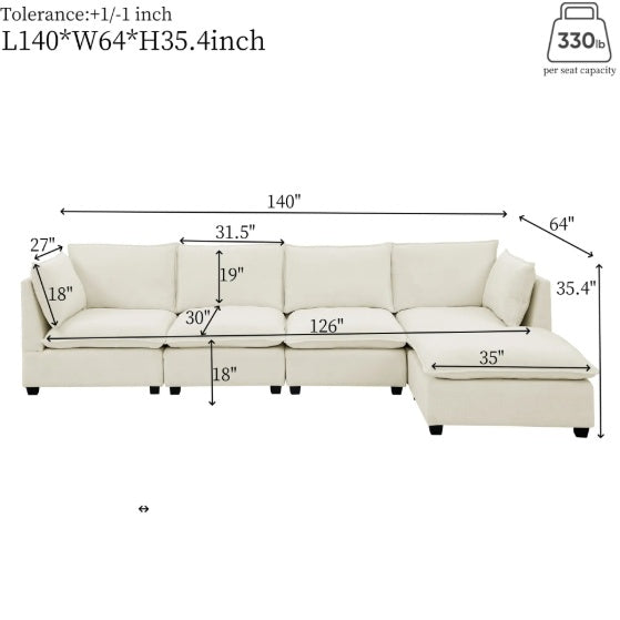 Beige Cloud Sectional Sofa – 4-Seater with Ottoman & Padded Armrests
