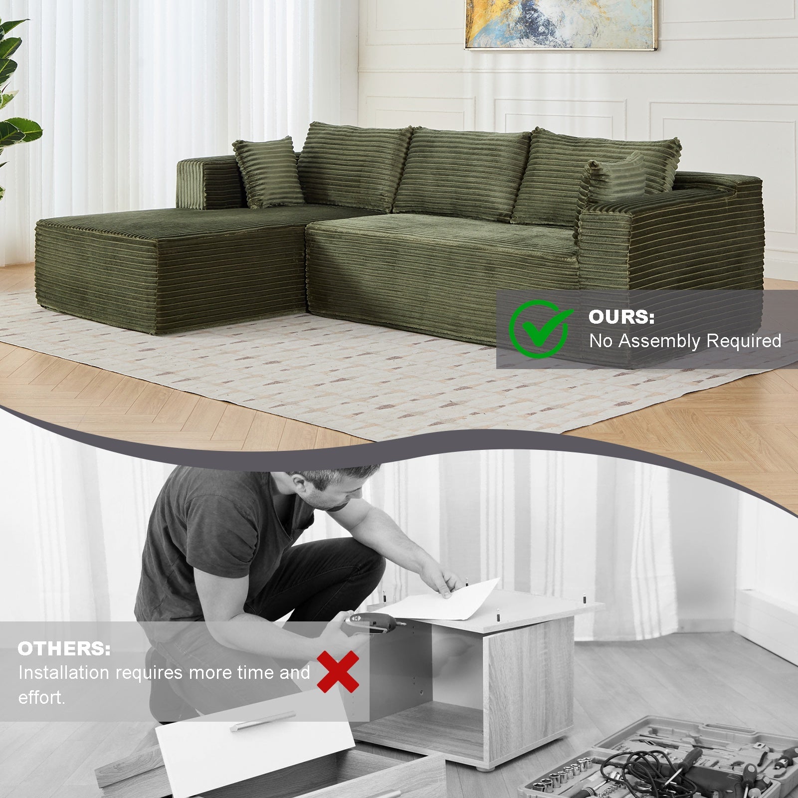 Corduroy L-Shaped Convertible Sofa Bed – Foldable Floor Sleeper for Small Spaces