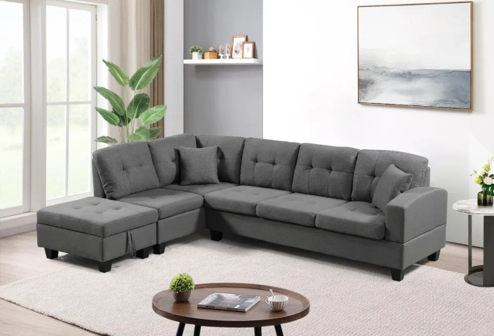 FAIF™ Left Fabric Sofa with Ottoman – Modern Grey Sofa with Cushioned Comfort and Versatile Design