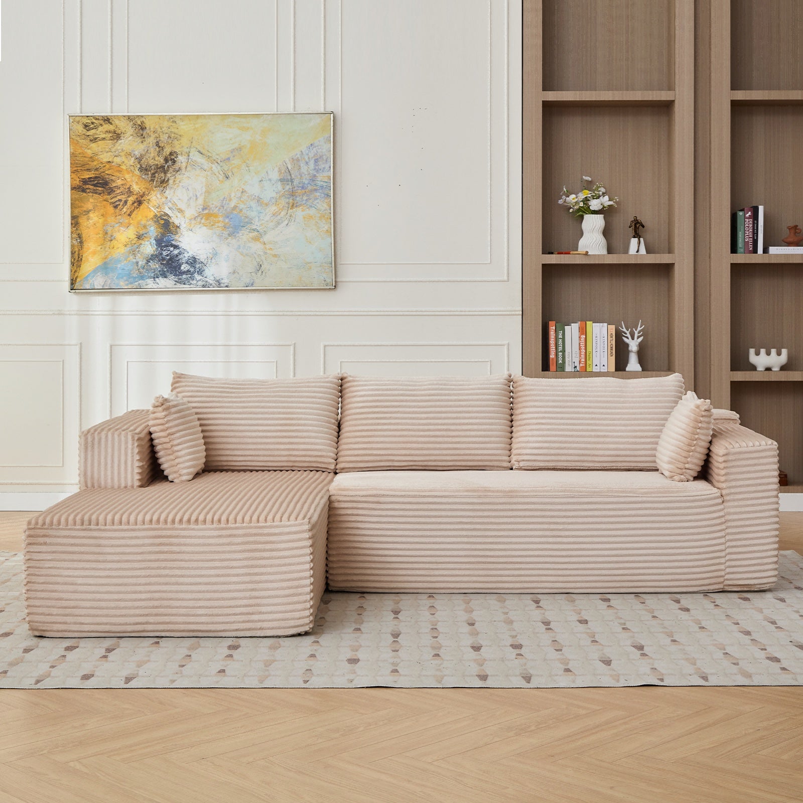 Corduroy L-Shaped Sleeper Sofa – Convertible Floor Futon with Back Pillows - FAIFCO