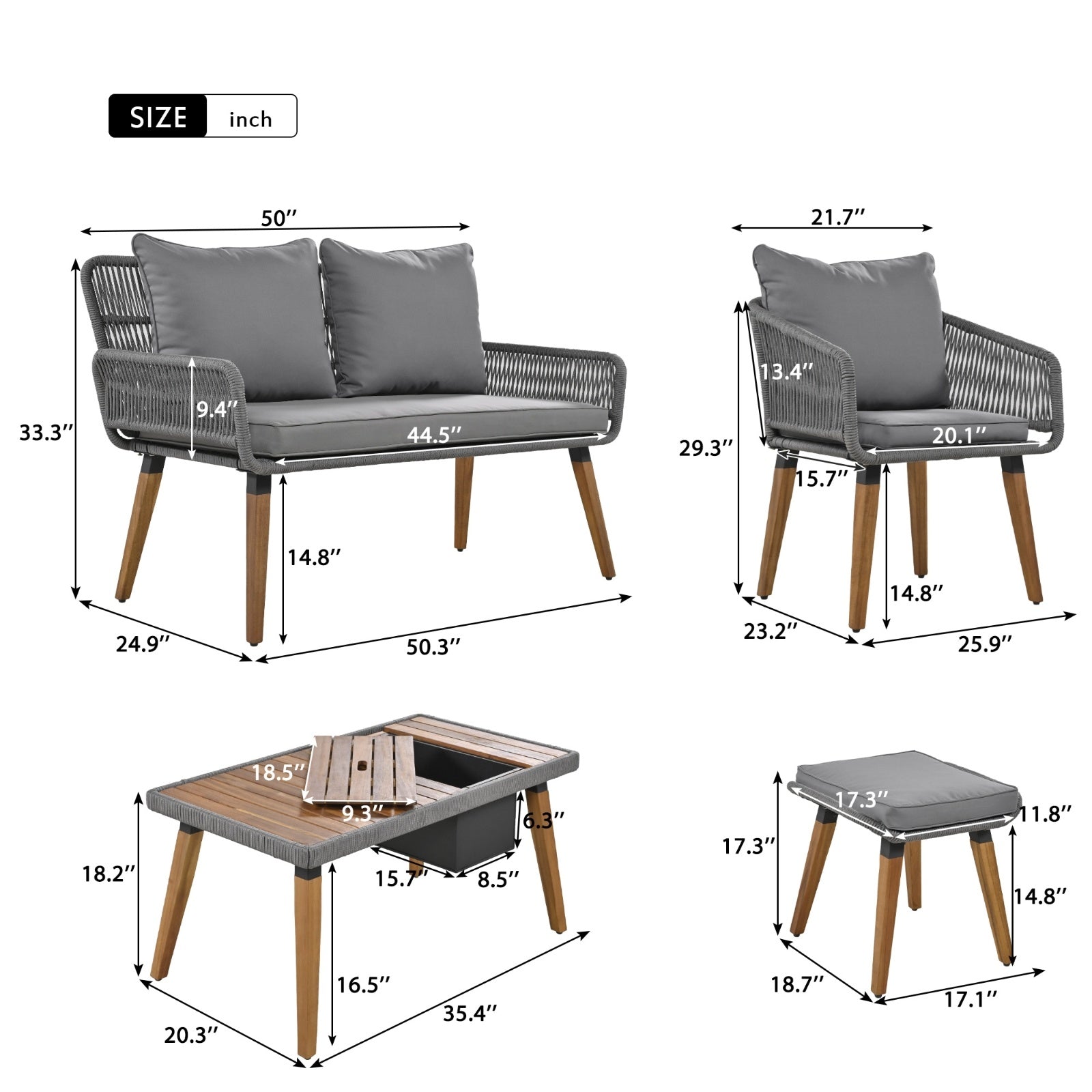 6-Pc Rope Patio Set w/ Acacia Wood Table