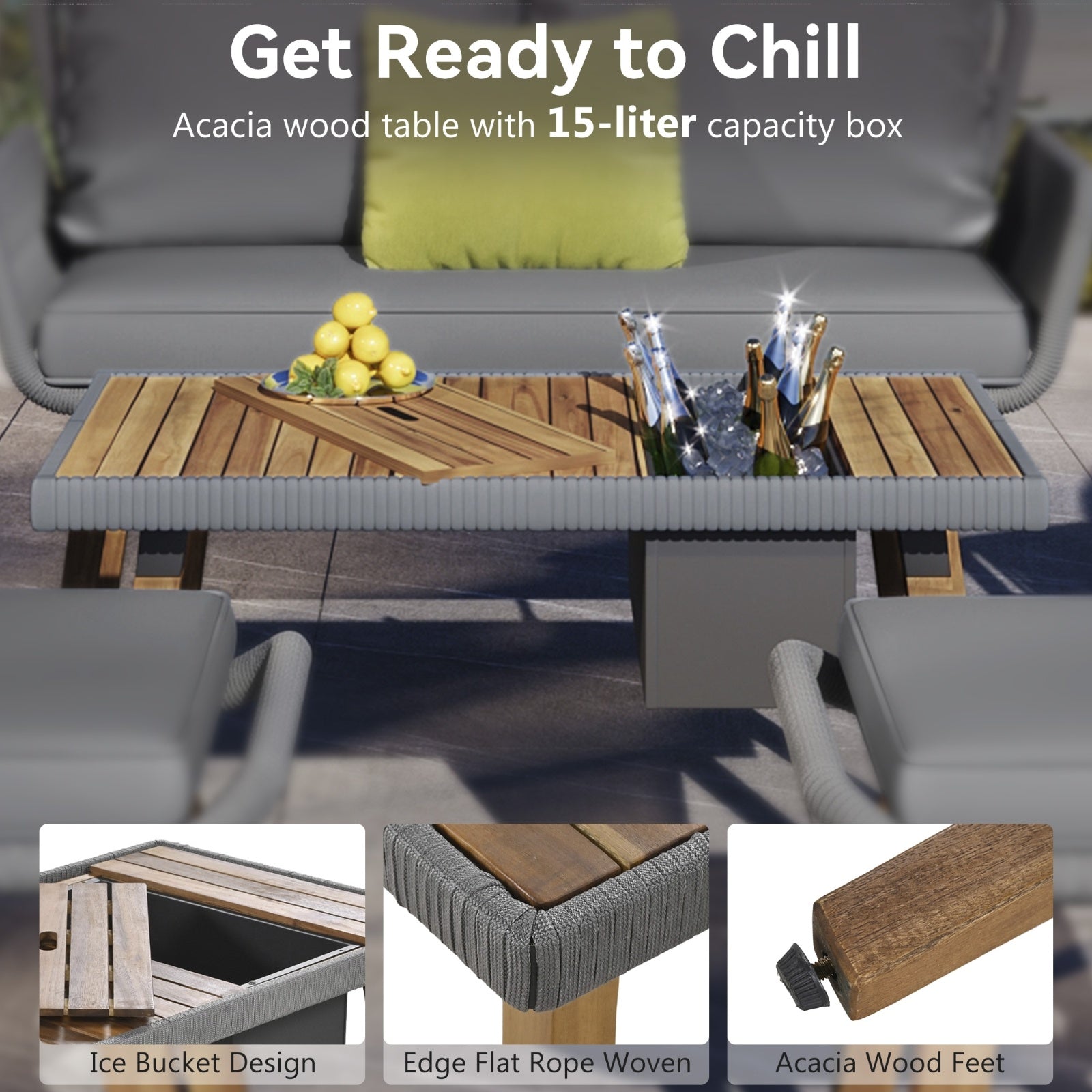 6-Pc Rope Patio Set w/ Acacia Wood Table